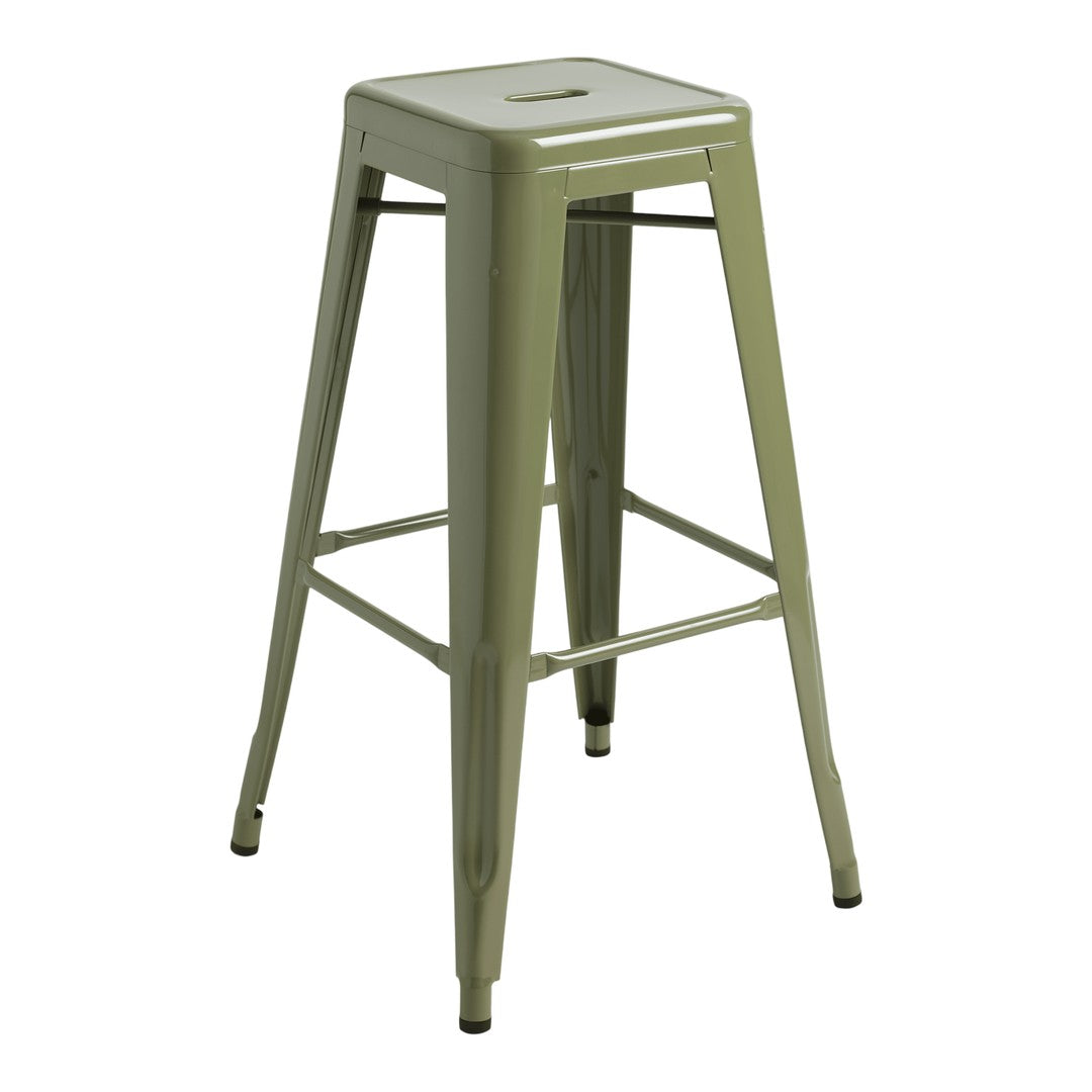 Green metal bar stool with a sleek, minimalist design and subtle industrial finish. Perfect for modern spaces.