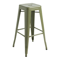 Green metal bar stool with a sleek, minimalist design and subtle industrial finish. Perfect for modern spaces.