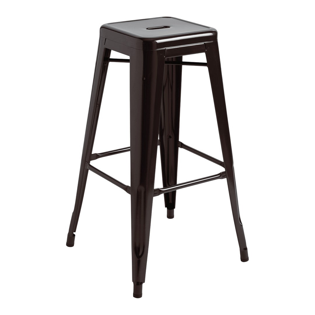 Dark brown metal bar stool with a sleek, modern design and a smooth, glossy finish. Ideal for contemporary spaces.