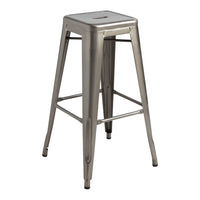 Metallic silver bar stool with a sleek industrial design, featuring a smooth surface and modern, minimalist style.