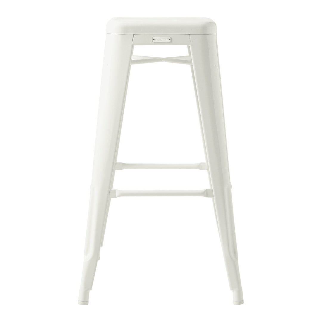 White metal bar stool with a sleek, minimalist design and simple lines, perfect for modern decor.