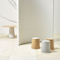 Natural wood and sleek white accent tables with smooth surfaces, set against a light, neutral backdrop.