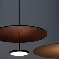 Brown wooden pendant lamps with a sleek black finish, featuring smooth, circular designs against a dark background.