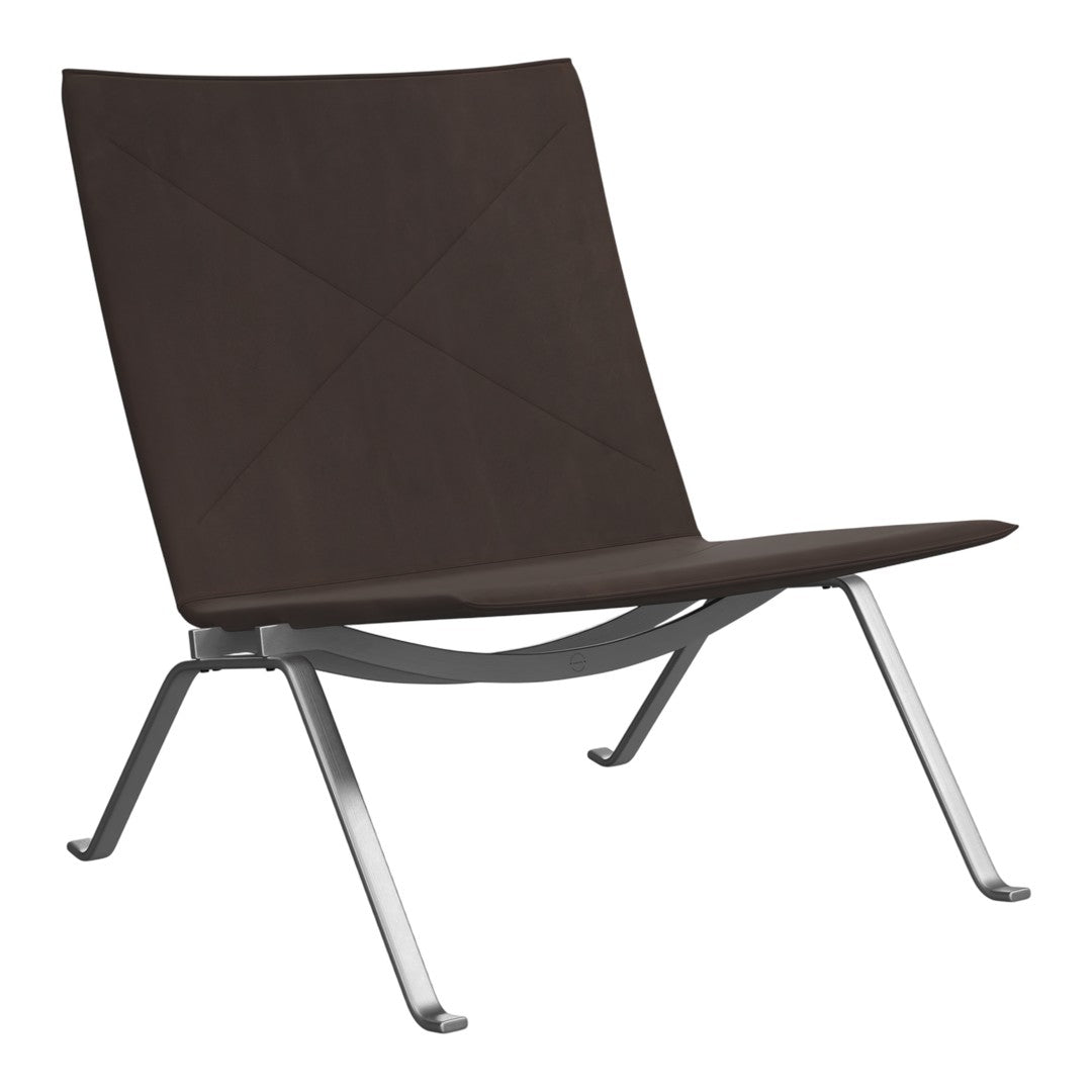 Modern brown lounge chair with a sleek, minimalist design and geometric pattern on the seat. Perfect for contemporary decor.