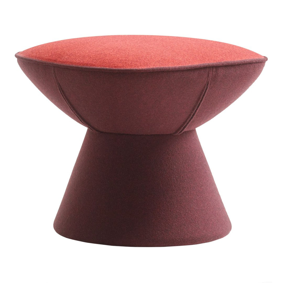 Red and burgundy padded stool with a modern, minimalist design and smooth, solid color patterns.