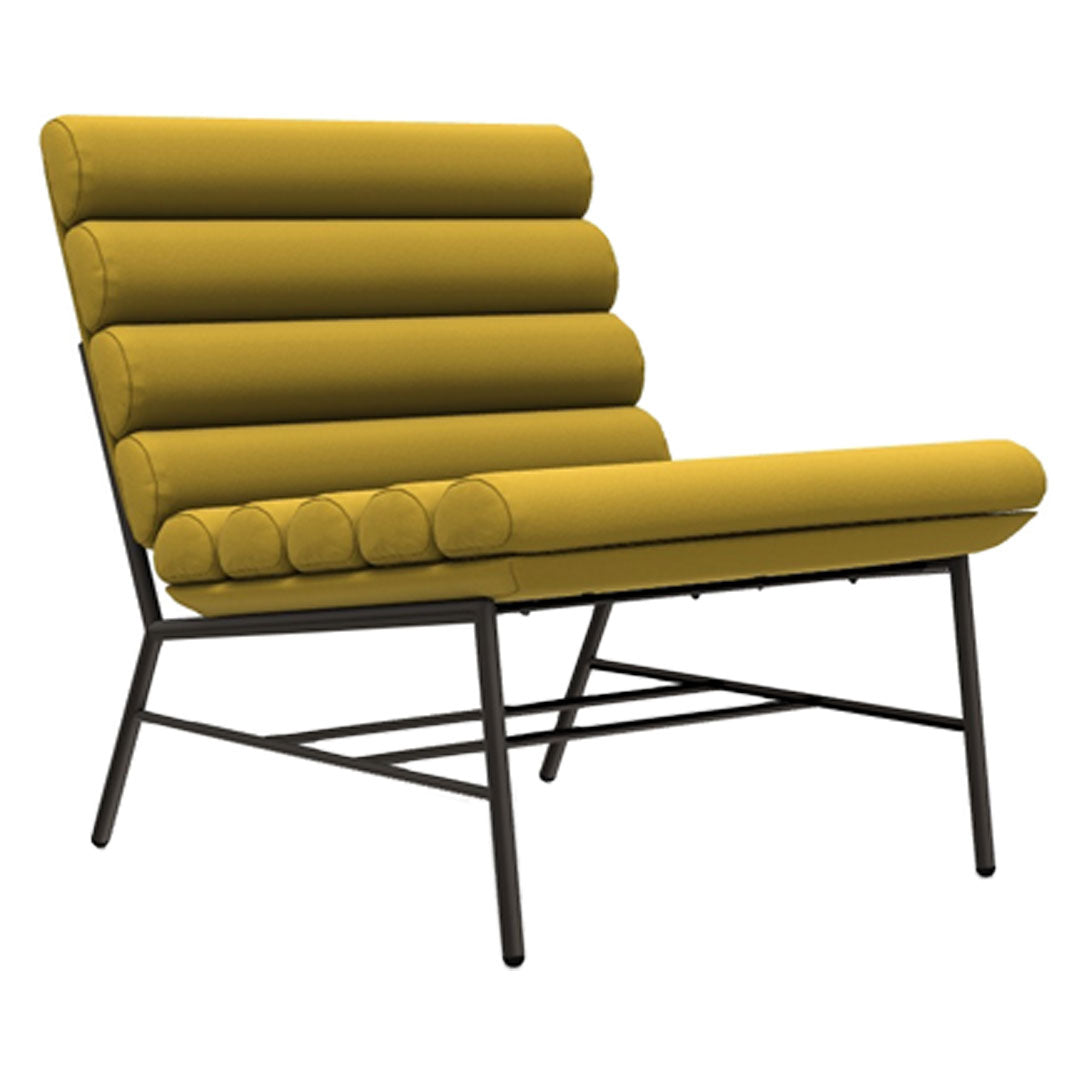 Stylish mustard yellow lounge chair with a ribbed design and black metal frame, perfect for modern decor.