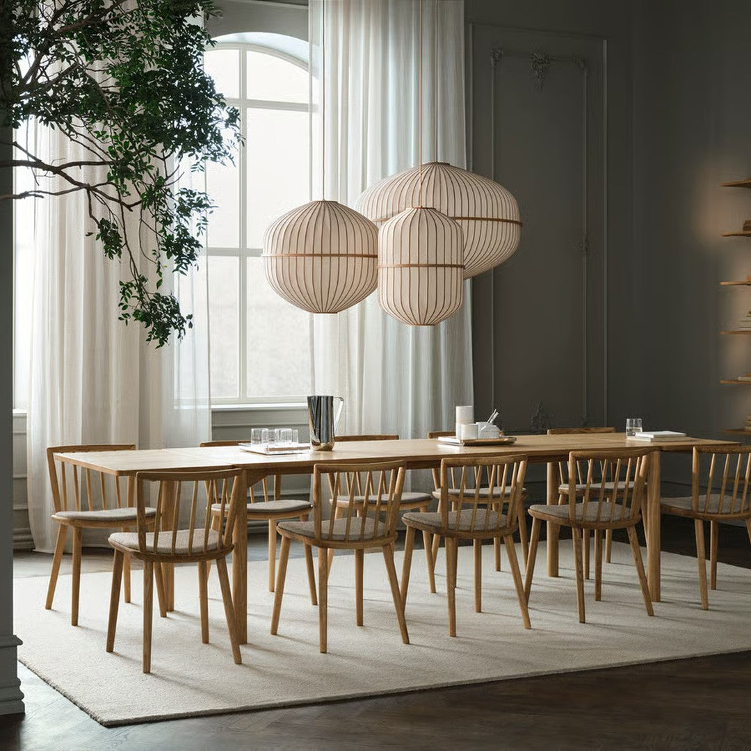Neutral beige and soft white hues with natural wood tones, featuring minimalistic shapes and elegant lines.