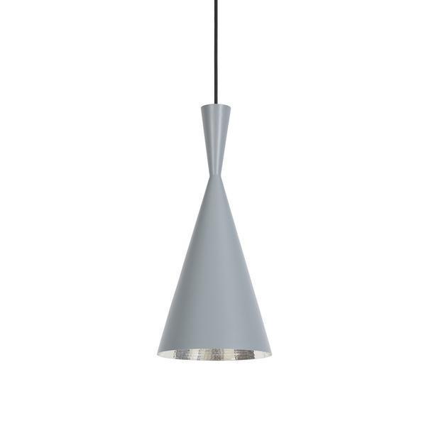 Gray conical pendant lamp with sleek black cord and metallic interior, perfect for modern decor.