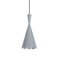 Gray conical pendant lamp with sleek black cord and metallic interior, perfect for modern decor.