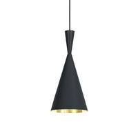 Black cone pendant light with a golden interior, adding a modern touch to any decor. 