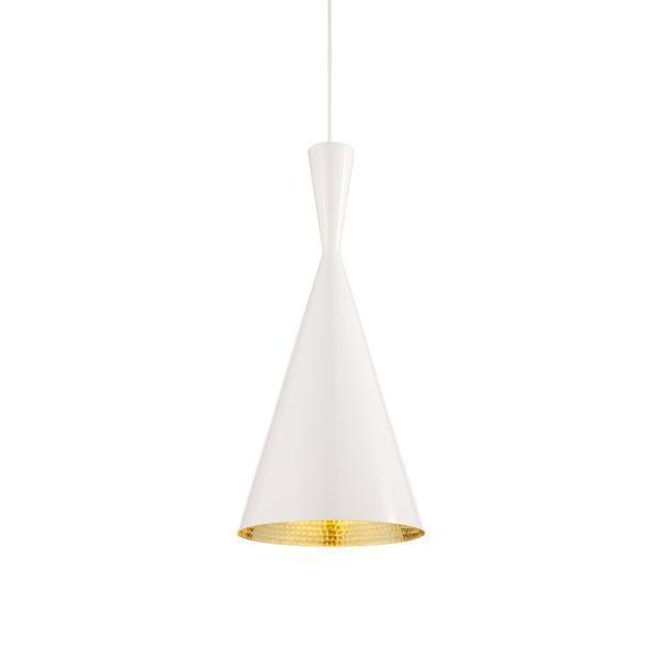 Modern white cone pendant lamp with a gold inner lining, creating a stylish contrast and elegant glow.