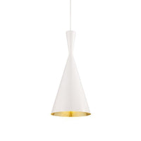 Modern white cone pendant lamp with a gold inner lining, creating a stylish contrast and elegant glow.