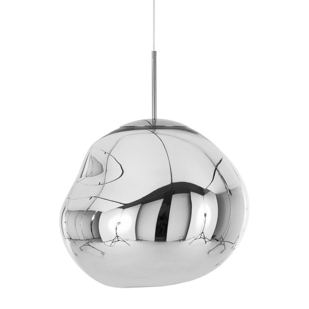 Glossy chrome pendant light with an organic shape, reflecting light and surroundings for a modern aesthetic.