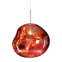 Amber and fiery red swirling glass pendant light with a unique organic shape, perfect for modern decor.