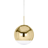 Gold spherical pendant light with a reflective finish and a white bottom detail, adding elegance to any space.