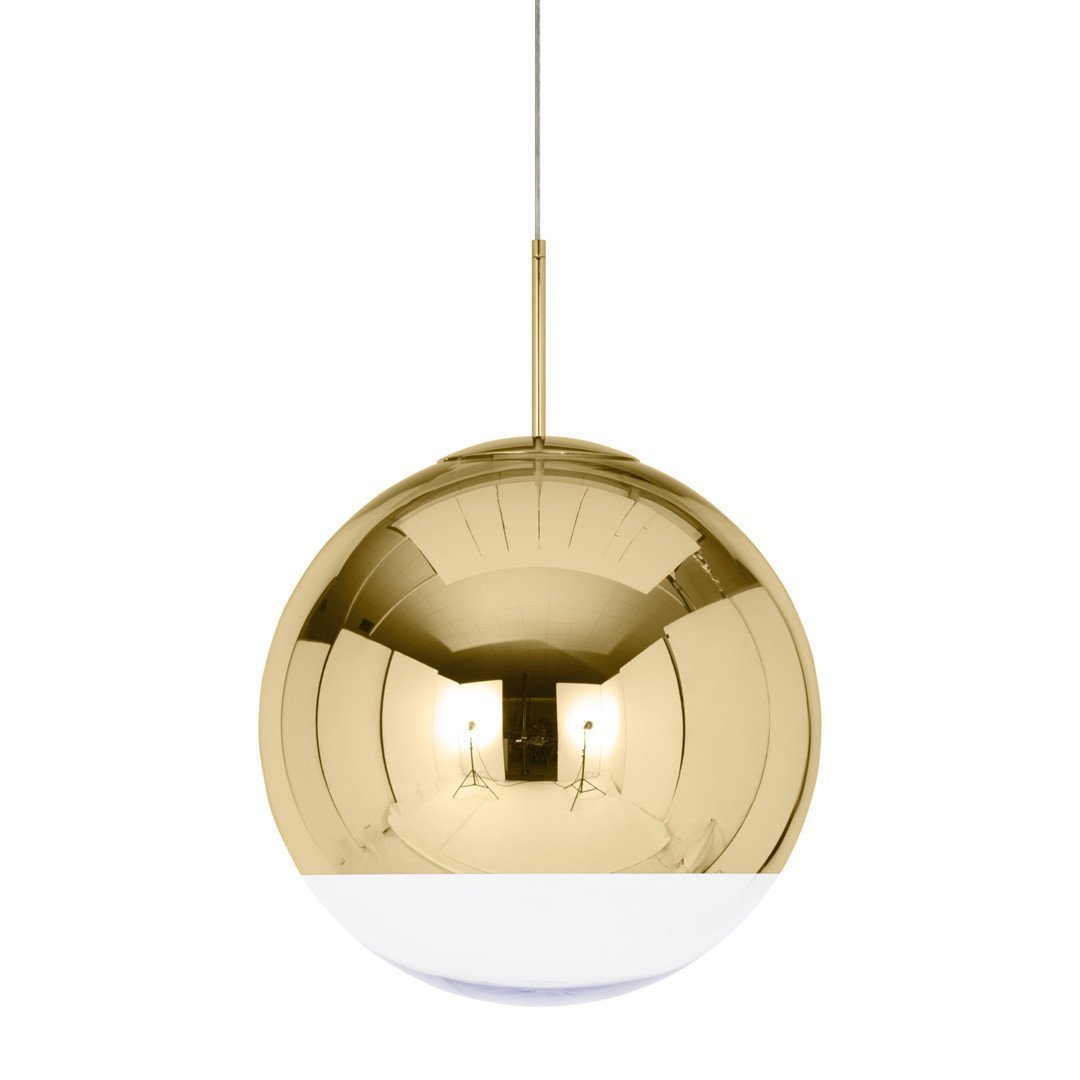 Glossy gold and white pendant lamp with a reflective spherical design, perfect for modern decor.