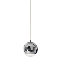 "Shiny chrome pendant light with a sleek spherical design, reflecting its surroundings."