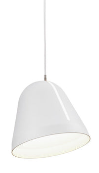 Modern white pendant lamp with a smooth, glossy finish and subtle gold trim along the bottom edge.