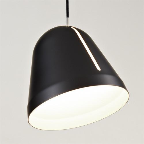 Black pendant lamp with a smooth matte finish and a sleek white interior for modern lighting.
