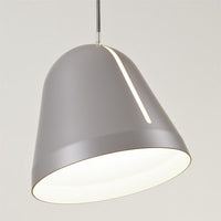 Gray bell-shaped pendant lamp with a sleek design and a subtle white accent. Perfect for modern interiors.
