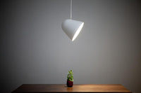 Modern white pendant lamp illuminating a small green plant on a wooden table against a gray background.