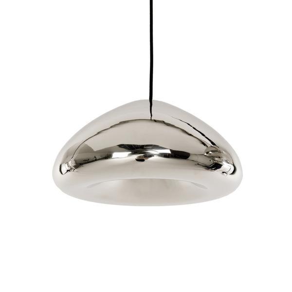 Shiny silver pendant light with a smooth, rounded design and black hanging cord against a white background.
