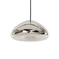 Shiny silver pendant light with a smooth, rounded design and black hanging cord against a white background.
