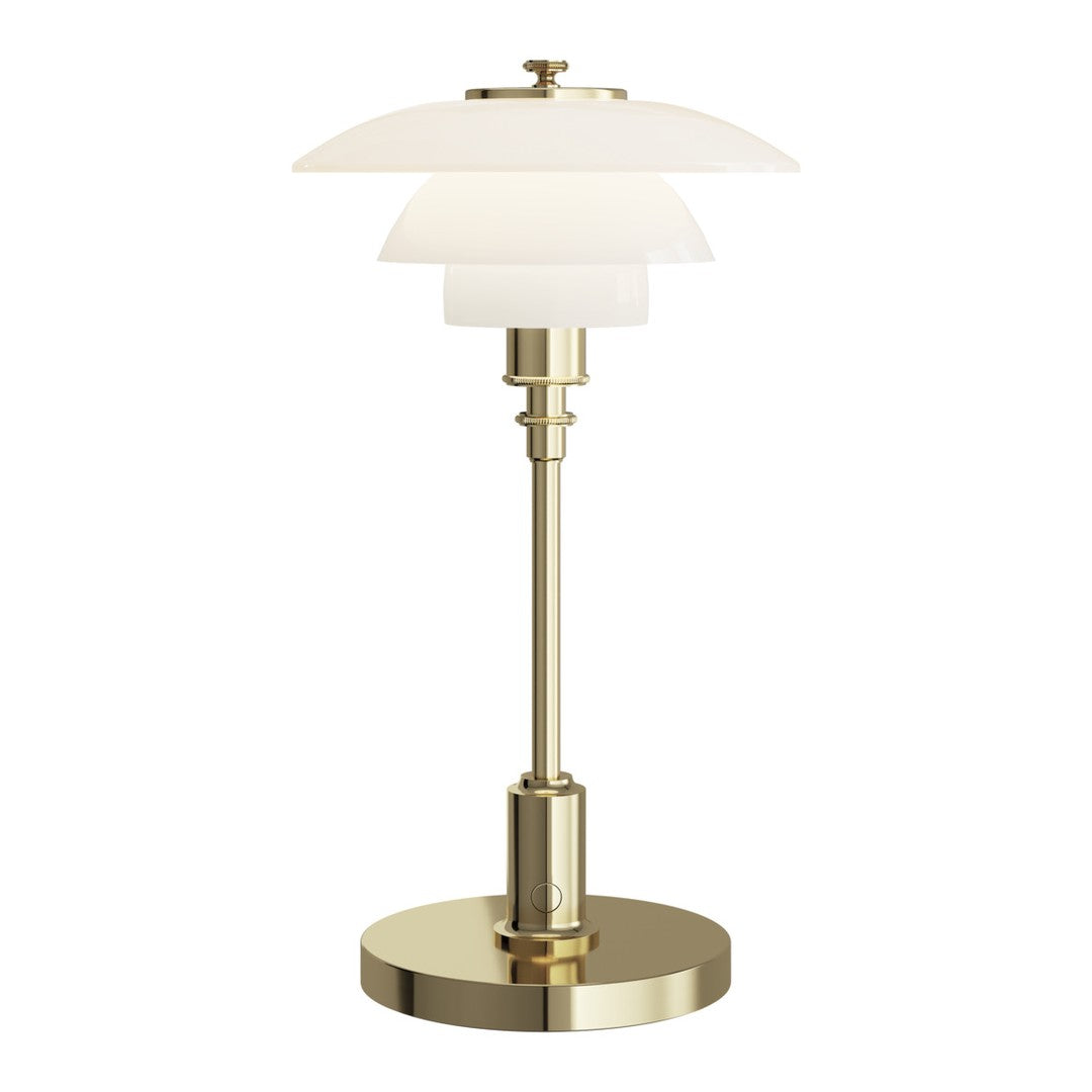 Elegant brass table lamp with layered white glass shades, perfect for modern home decor.