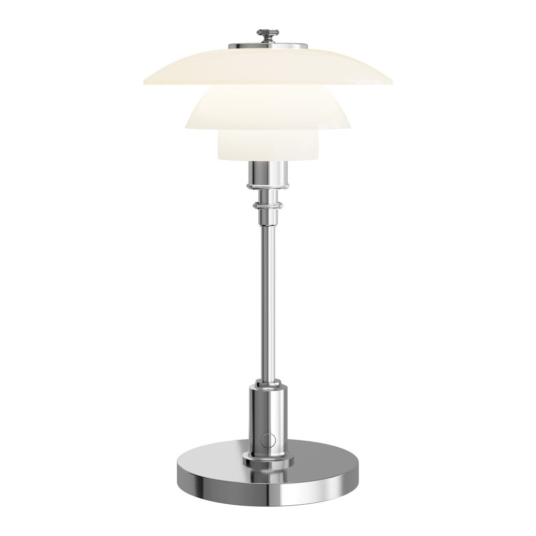 Sleek chrome base with three white layered shades for a modern, elegant look. Perfect for any stylish interior.