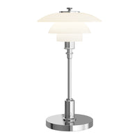 Sleek chrome base with three white layered shades for a modern, elegant look. Perfect for any stylish interior.
