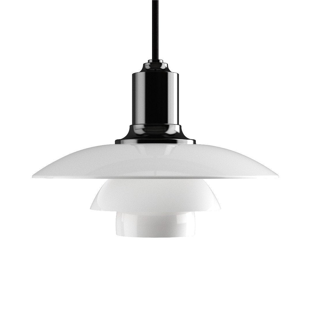 Modern black and white pendant lamp with layered glass shades and a sleek, minimalist design.