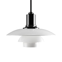 Modern black and white pendant lamp with layered glass shades and a sleek, minimalist design.