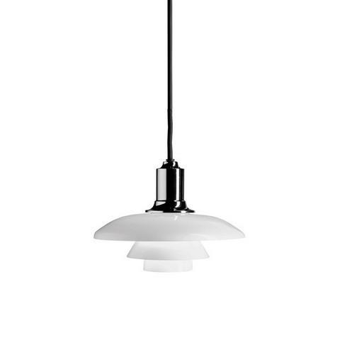 Sleek pendant light with layered white shades and a polished chrome finish. Modern design complements any decor style.