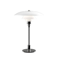 Sleek chrome base with two-tiered white shade, featuring smooth, modern lines for a contemporary look.