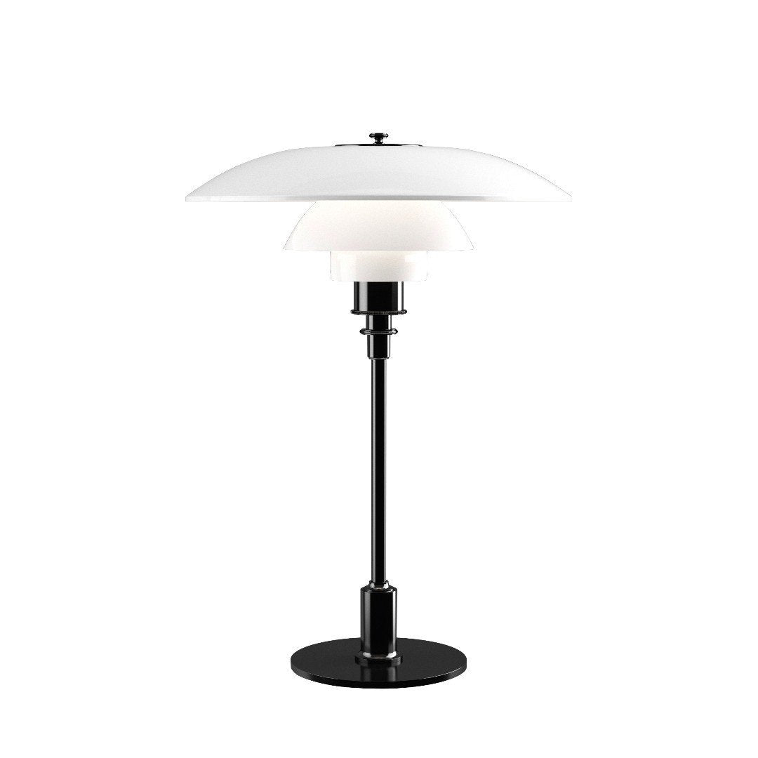 Black and white modern table lamp with layered glass shades and sleek cylindrical stand. Perfect for contemporary decor.