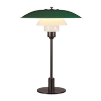 Green and white lamp with a sleek black base and elegant layered shade design. Ideal for modern decor.
