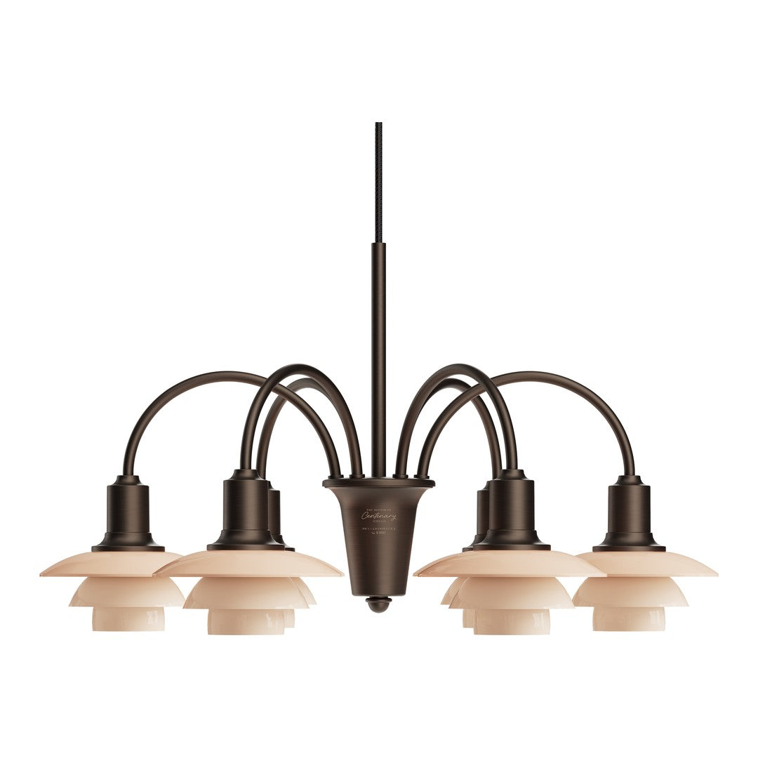 Bronze chandelier with five cream glass shades in a classic arch design, perfect for elegant lighting.
