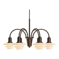 Bronze chandelier with five cream pendant shades featuring a sleek, curved design. Perfect for stylish home decor.