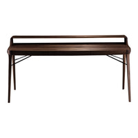 Brown wooden desk with a minimalist design and sleek metal legs, featuring a smooth finish and no visible patterns.