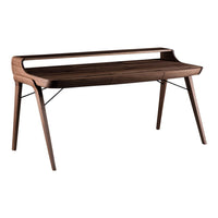 Sleek walnut desk with a smooth finish and minimalist design, featuring natural wood grain patterns.