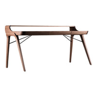 Modern walnut desk with sleek lines and minimalist design, highlighted by a glossy finish and contrasting black accents.