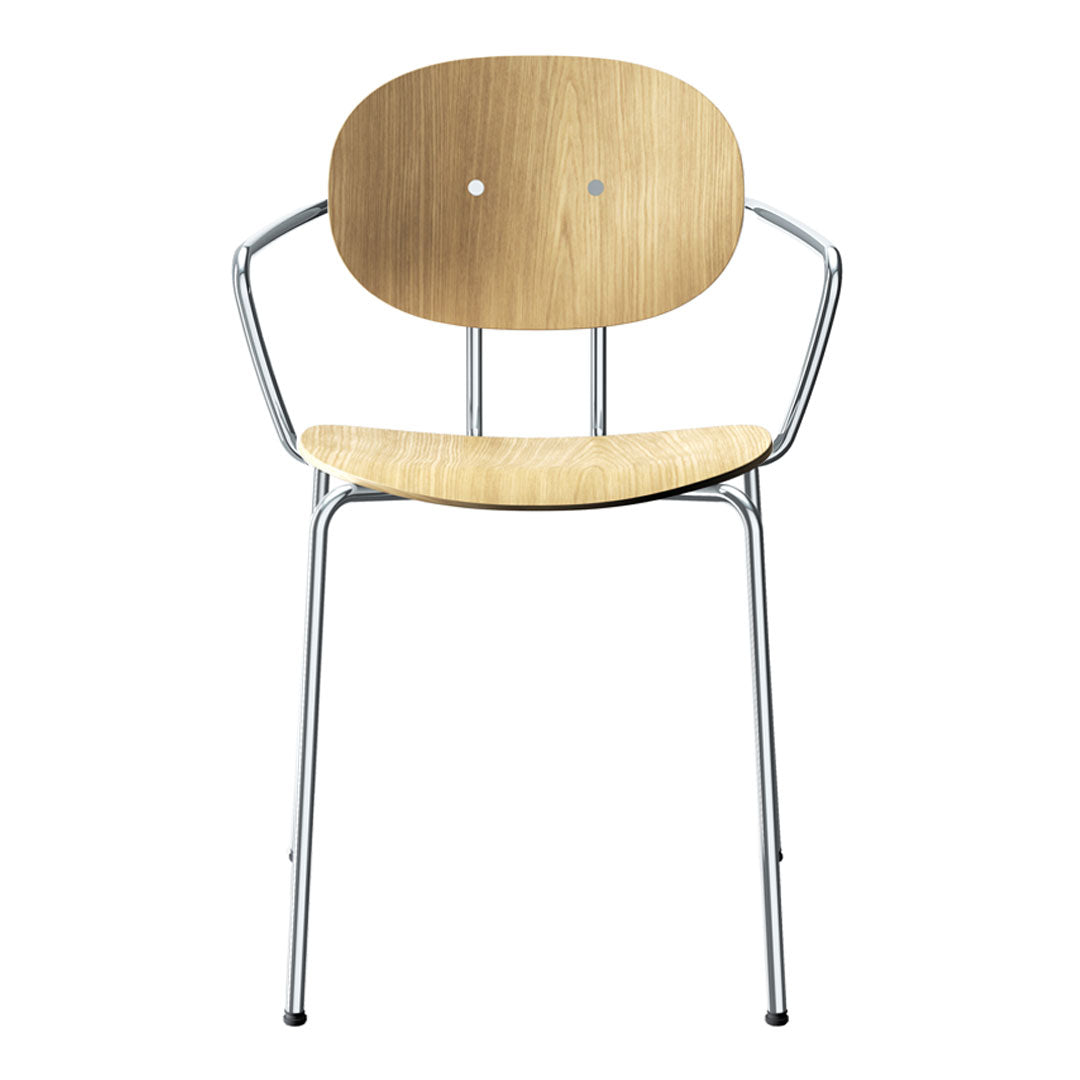 Natural wood and chrome chair with a minimalist design, featuring smooth lines and a light wood finish.