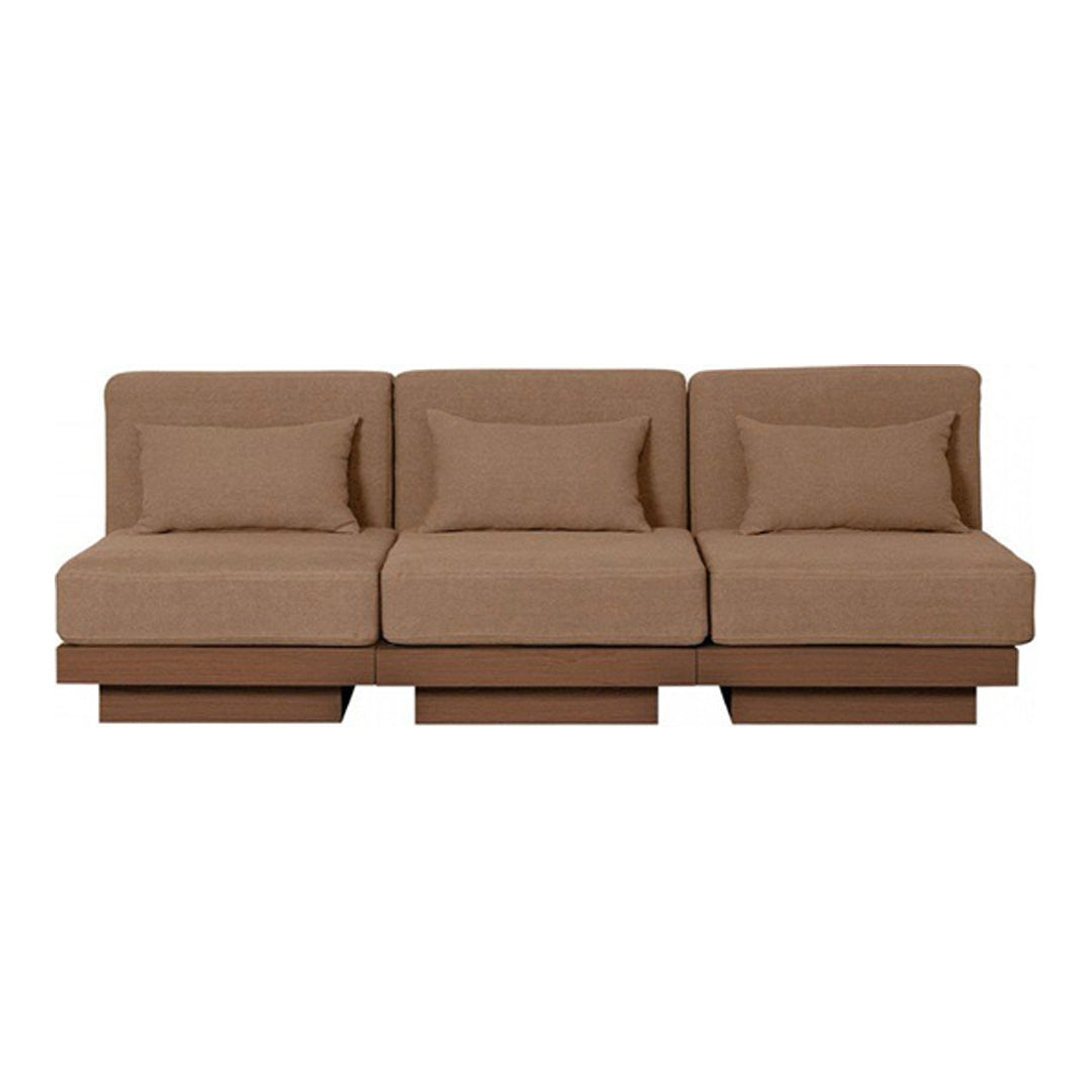 Brown modern sofa with clean lines and textured fabric, featuring three cushions for a cozy look.