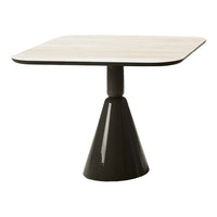 Square table with a light wood top and a sleek black cone base, showcasing a modern minimalist design.