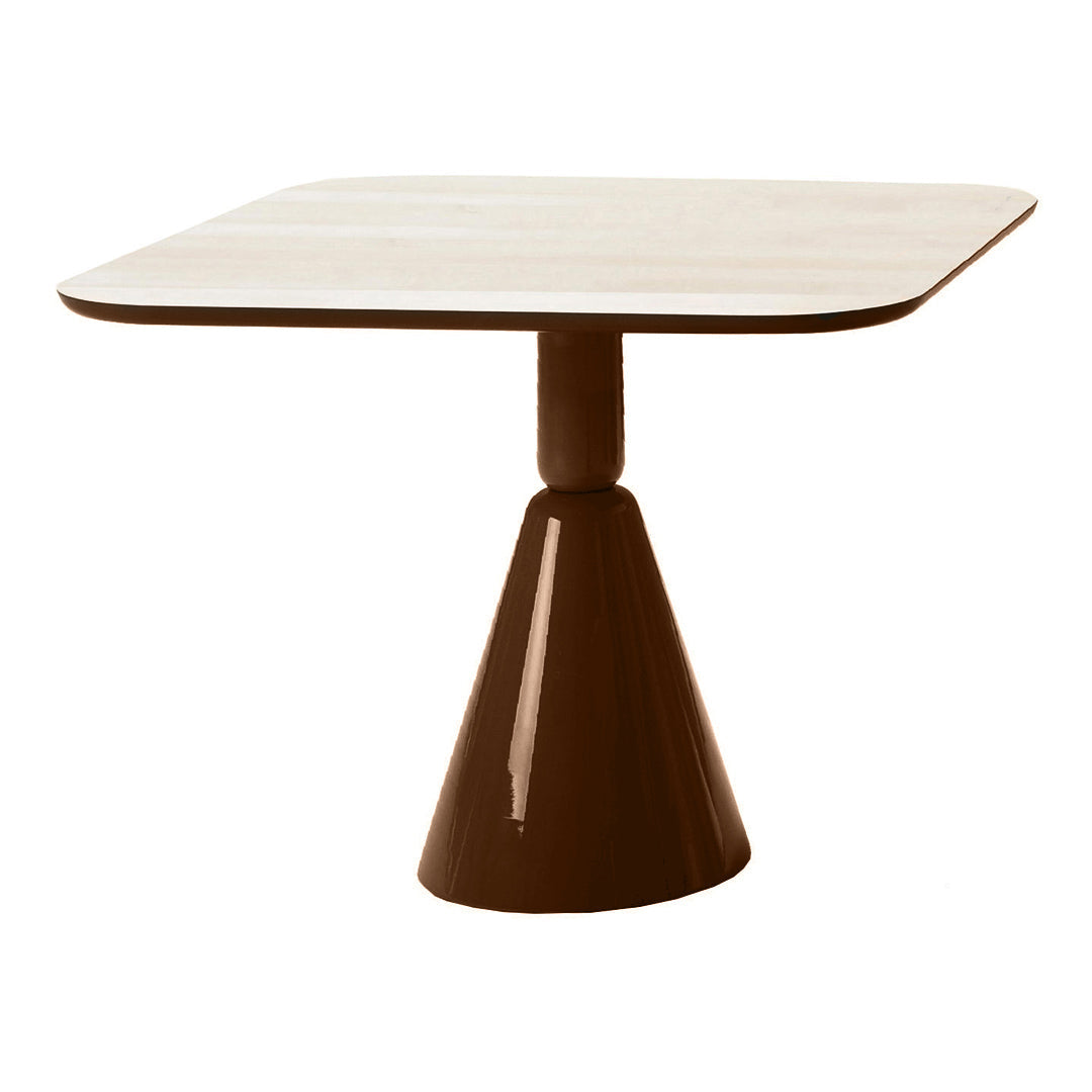 Square, cream tabletop atop a sleek, brown conical base; modern design with smooth finishes and neutral tones.