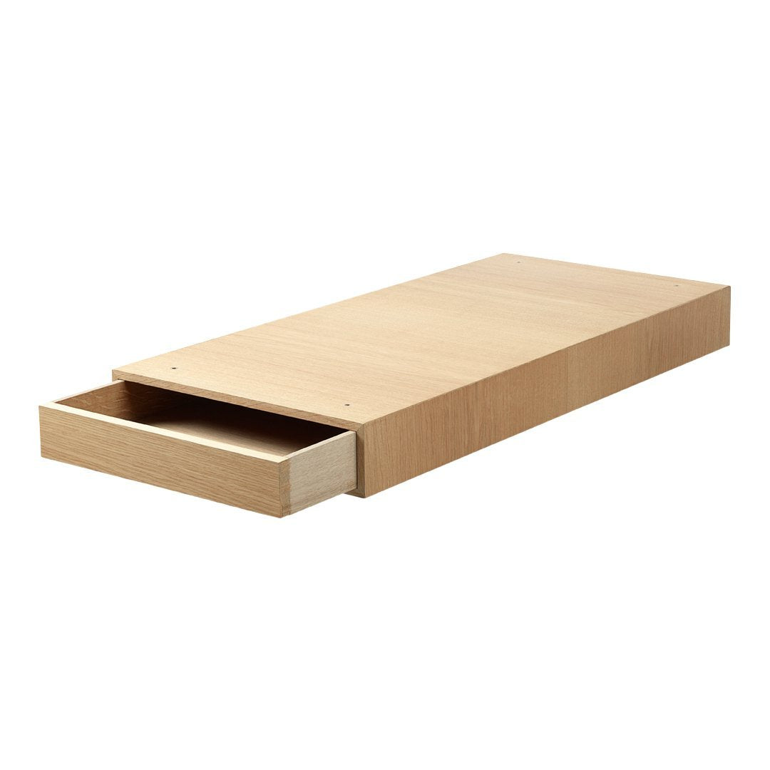 Natural wood finish with a light oak color, featuring a simple, modern design and a single storage drawer.