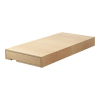 Light wood platform bed base with a smooth, natural finish and minimalist design. Ideal for modern aesthetics.