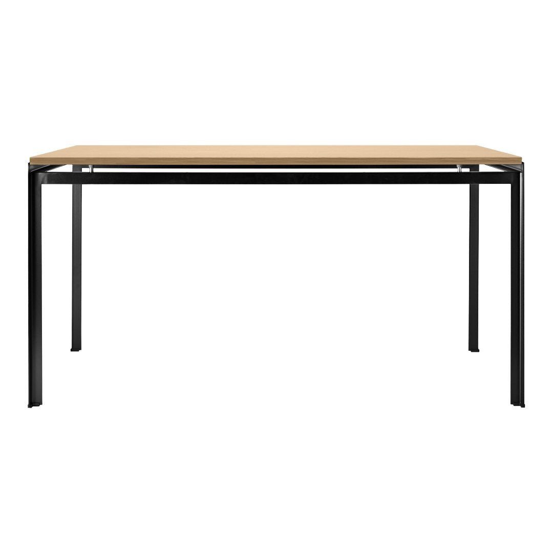 Minimalist black metal frame with a natural wood tabletop, featuring a smooth, light brown finish.