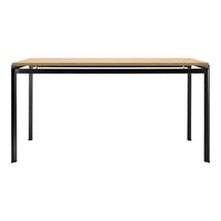 Minimalist black metal frame with a natural wood tabletop, featuring a smooth, light brown finish.