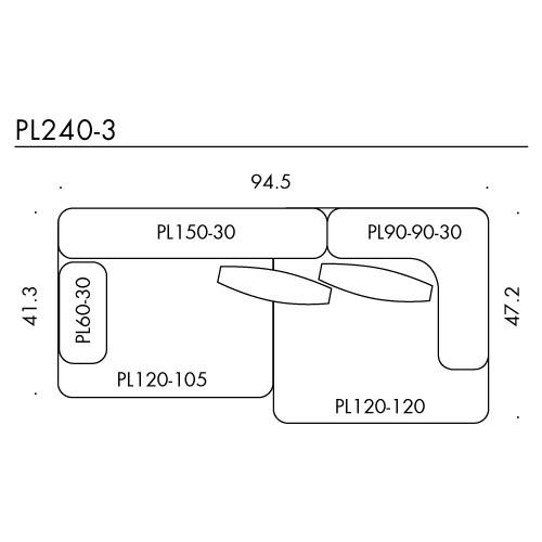 "Geometric diagram of sectional sofa in neutral tones with defined layout, featuring modern design elements."